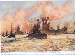 Az „Indomitable” csatacirkáló, amely a sebesült „Oroszlán” csatacirkálót vontatja, illusztráció a „Deeds That Thrill The Empire”-ből, kiadó: Hutchinson und Co., 1920 körül alkotó: Charles Edward Dixon